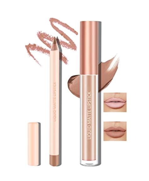 Boobeen Liquid Matte Lipstick and Lip Line Pencil Set, Nude