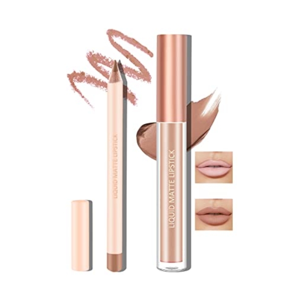 Boobeen Liquid Matte Lipstick and Lip Line Pencil Set, Nude