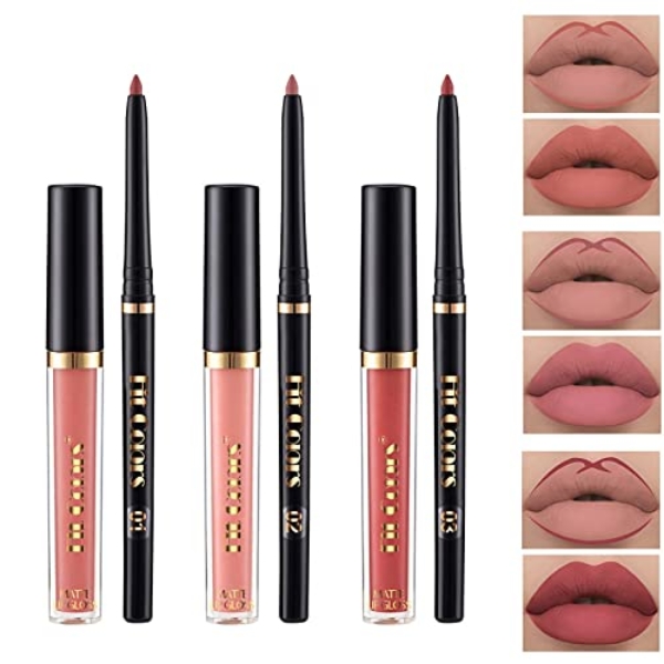 SUMEITANG 6Pcs Lip Liner and Lipstick Makeup Set, 3 Matte
