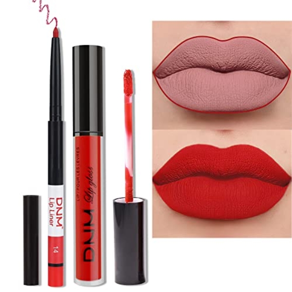 HAOYA 2Pcs Matte Ruby Red Lip Liner and Lipstick Makeup