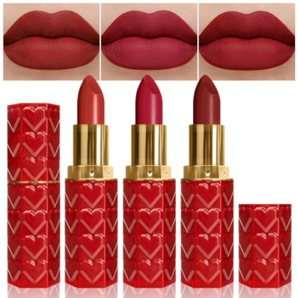evpct 3Pcs Dark Deep Light Bright Ruby Red Matte Lipstick