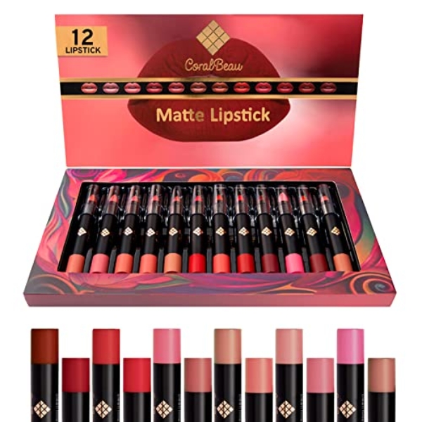 CoralBeau Matte Lipstick Set – 12-Piece Lip Crayon Pack with…