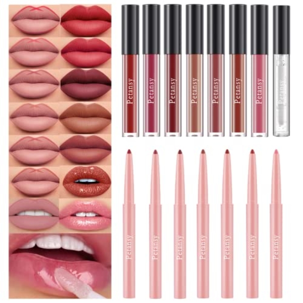 Petansy 15Pcs Lip Liner and Lipstick Set, 7 Colors Lip
