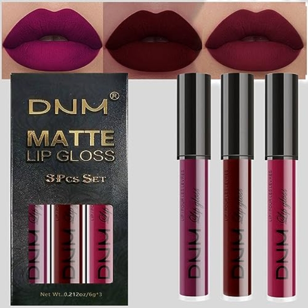 evpct DNM 3Pcs Dark Red Purple Plum Matte Liquid Lipstick