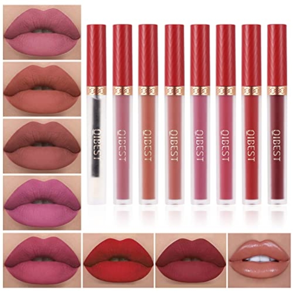 QiBest 8pcs Matte Liquid Lipstick with Lip Plumper Makeup Se…
