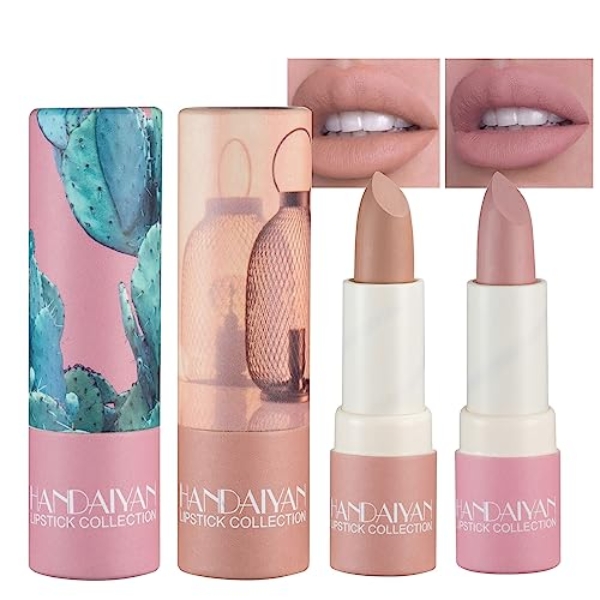 2 Colors Nude Matte Lipstick,Summer Nudes Velvety Paper Tube Lip