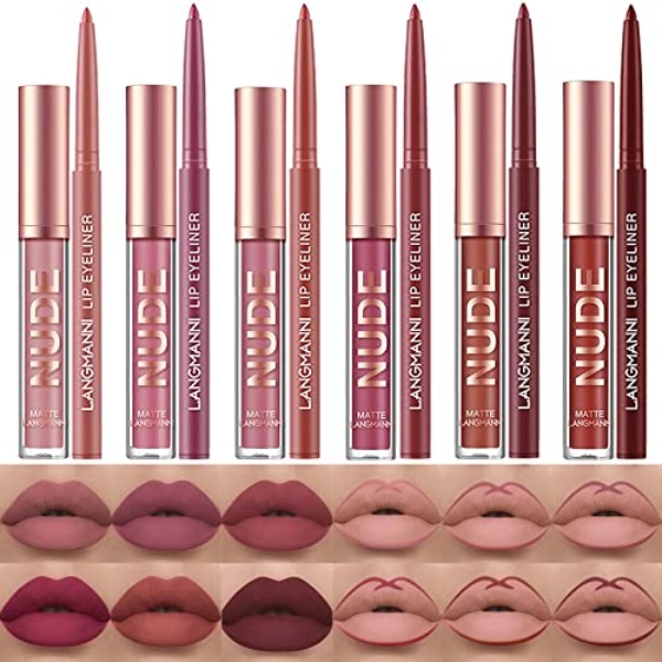 LANGMANNI 6 Matte Lipstick with 6 Lipliners Durable Makeup Set,Long-Lasting