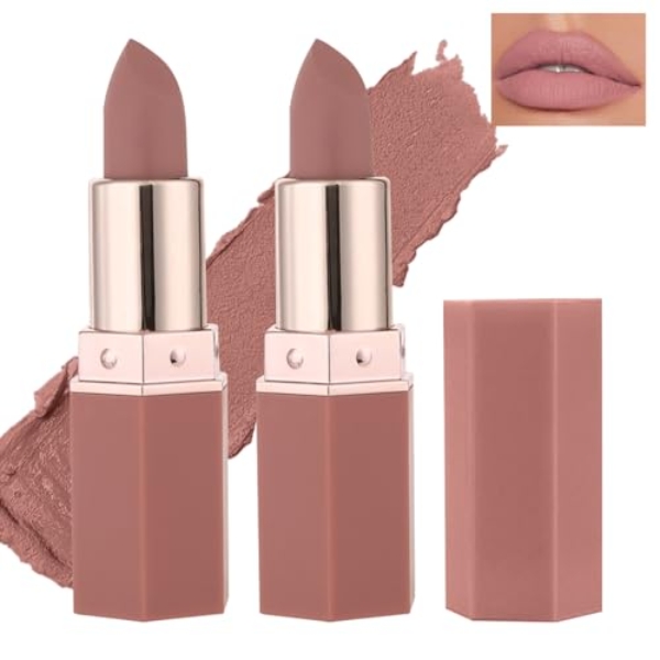 QIUFSSE 2PCS Nude Matte Lipstick Long-lasting Waterproof Lipstick Natural Moisturizing